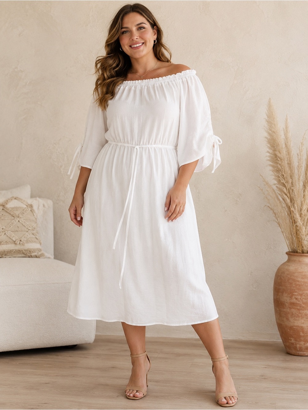 Calvin Klein White Off-the-Shoulder Midi Dress – Size 14 🤍